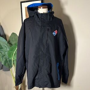 Dominos Gear Black and Blue Hooded Jacket No zip out liner.